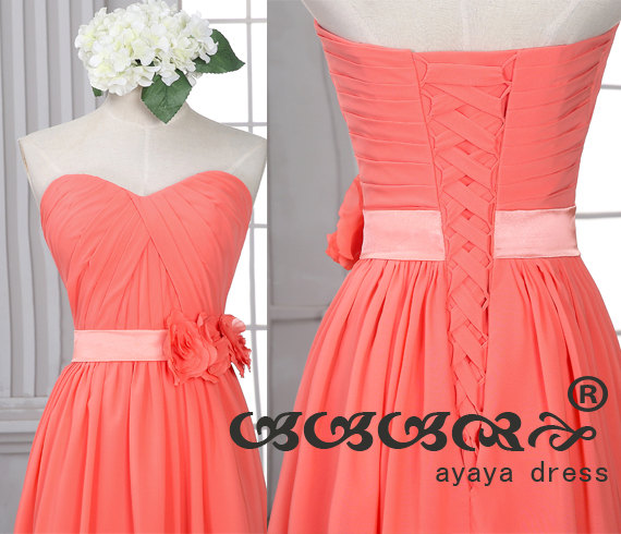 زفاف - Coral long Bridesmaid Dress,Coral Bridesmaid dress,Prom Dress,Chiffon Bridesmaid Dress,Custom Color Size Elegant Formal Strapless Sweetheart