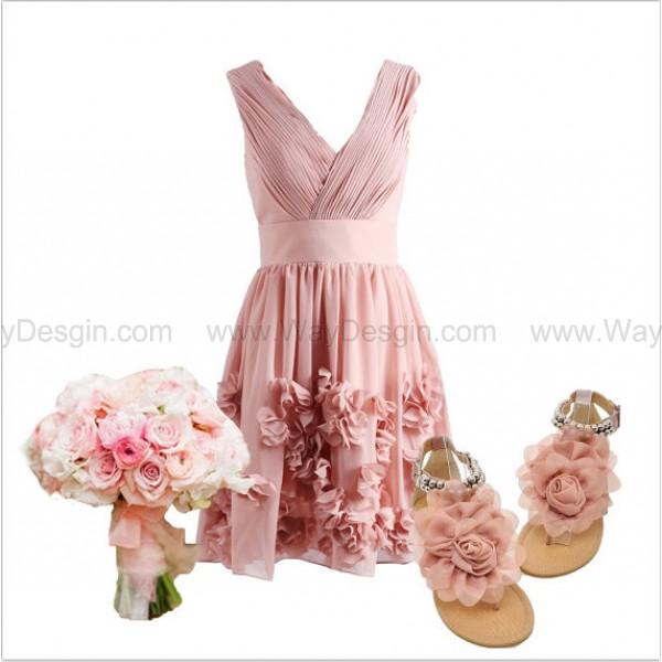 Wedding - Blush Pink Nude Deep V Chiffon Bridesmaid Dress/Prom Dress Knee Length Short Dress with Flowers