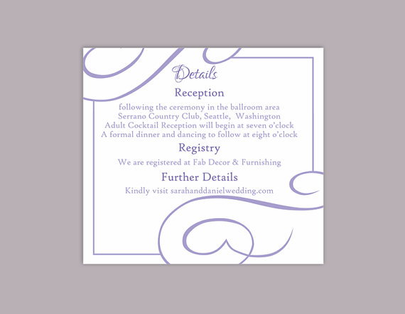Wedding - DIY Wedding Details Card Template Editable Text Word File Download Printable Details Card Purple Lavendar Details Card Enclosure Cards