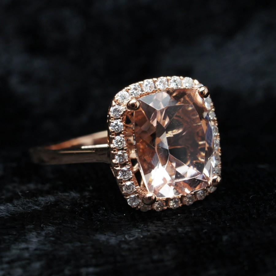 Mariage - Rectangular Cushion Cut Morganite Diamond Halo Engagement Ring Cocktail Ring 14k Rose Gold Engagement Ring Morganite Engagement Ring Bridal