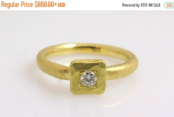 Wedding - ON SALE Rustic engagement ring, Square engagement ring, 18k gold ring, Diamond engagement ring, Hammered engagement ring, unique diamond rin