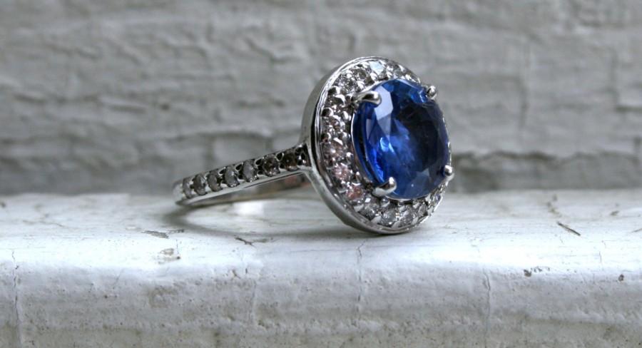 Свадьба - Vintage 14K White Gold Diamond Halo and Sapphire Engagement Ring with GIA Cert.- 4.19ct.