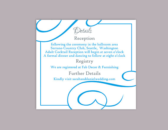 Mariage - DIY Wedding Details Card Template Editable Text Word File Download Printable Details Card Aqua Blue Details Card Information Cards
