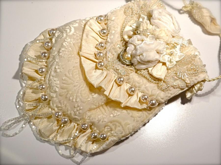 Hochzeit - Vintage Style Handbag Ecru Silk Velvet Bridal Bag Victorian Beaded Bag OOAK VP-221