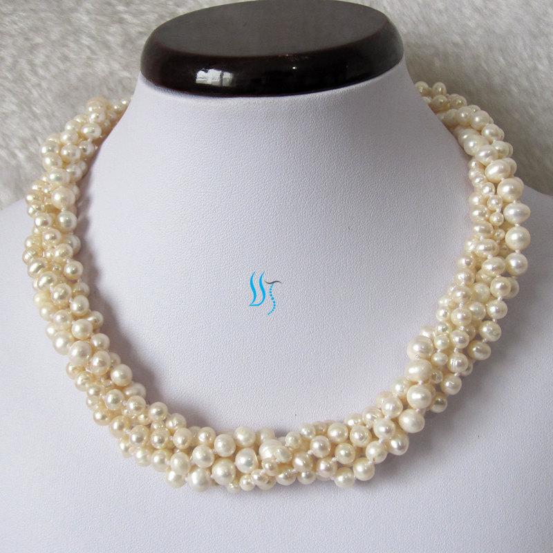 زفاف - White Pearl Necklace, Wedding Necklace, Multistrand Pearl Necklace - 18 Inches 5 Row White Freshwater Pearl Necklace - Free shipping