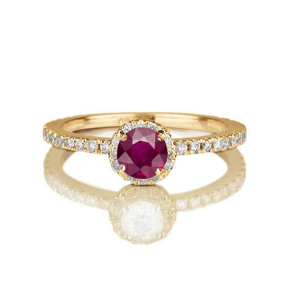 Wedding - Ruby Engagement Ring, Micro Pave Ring, 14K Gold Ring, Halo Engagement Ring, 0.57 TCW Ruby Ring Vintage, Unique Rings