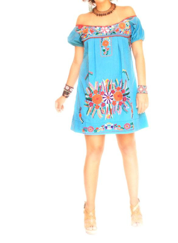 زفاف - Mexican embroidered dress Turquoise Love vintage bohemian embroidery ethnic crochet off shoulder tunic