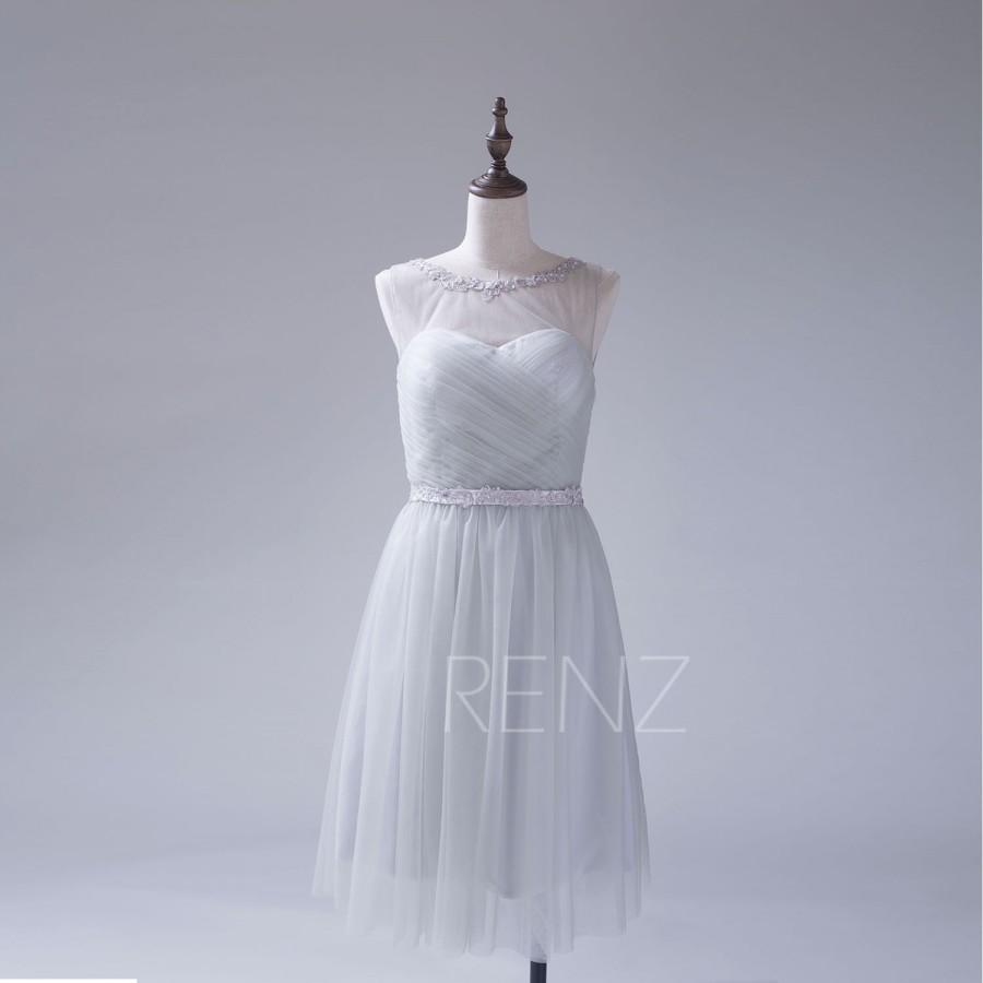 Wedding - 2015 Short Grey Bridesmaid dress, Mesh Formal Beaded dress, Illusion Wedding dress With Jewel Belt, Short Party dress, Prom dress (TS058)
