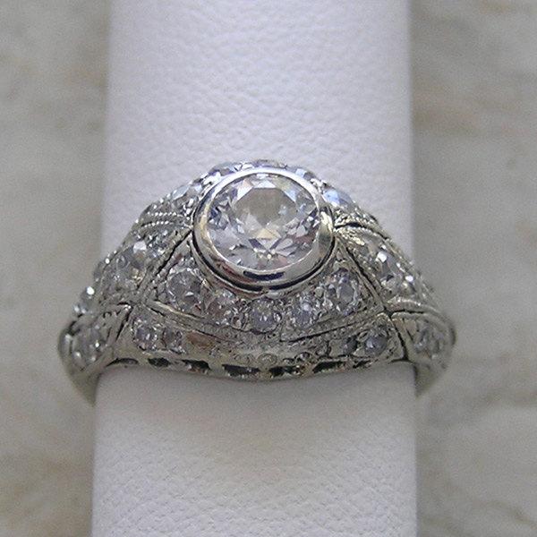 Vintage Antique Engagement Ring Diamond Bezel Set Platinum Art Deco