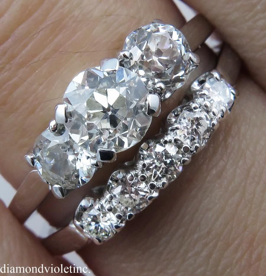 Hochzeit - 1.57ct Antique Vintage Early Art Deco Old European Diamond 18k White Gold Engagement Wedding Ring Set EGL USA