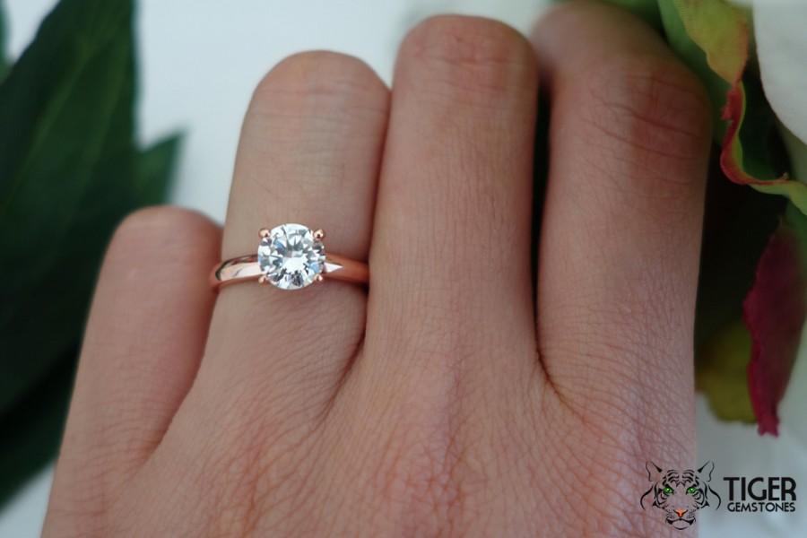 Wedding - 1 carat Solitaire Ring, Low Profile, ROSE Engagement Ring, Man Made Diamond Simulant, Wedding Ring, Bridal Ring, Sterling Silver & Rose Gold