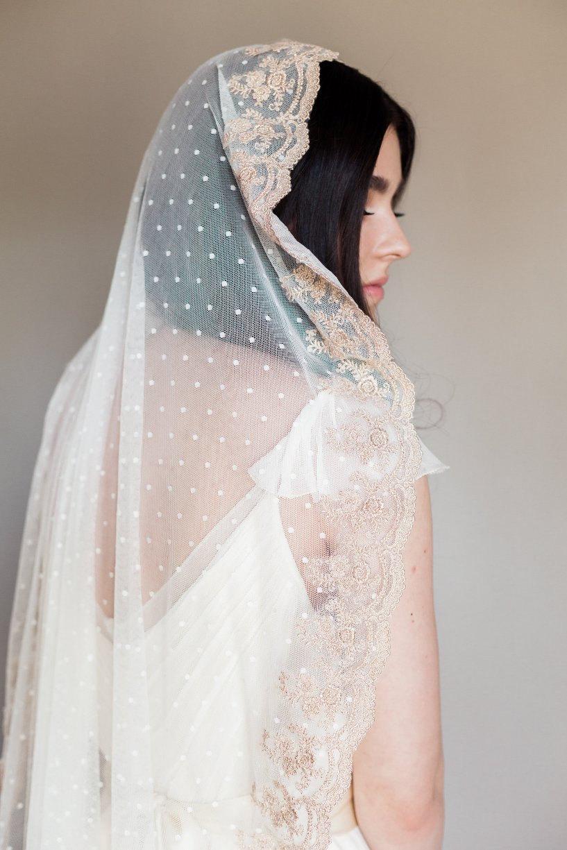 Wedding - Bridal veil- Mantilla veil- Gold bridal veil-polka dot veil-wedding veil-fingertip veil- lace veil-beaded veil- style 102