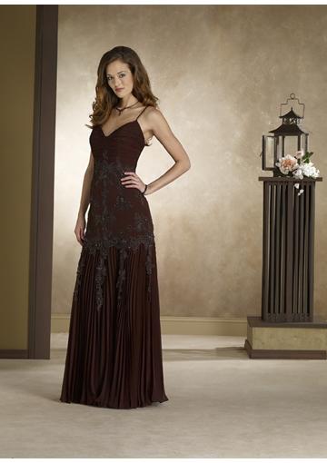 Mariage - 2015 Spaghetti Straps Appliques Brown Sleeveless Chiffon Ruched Floor Length