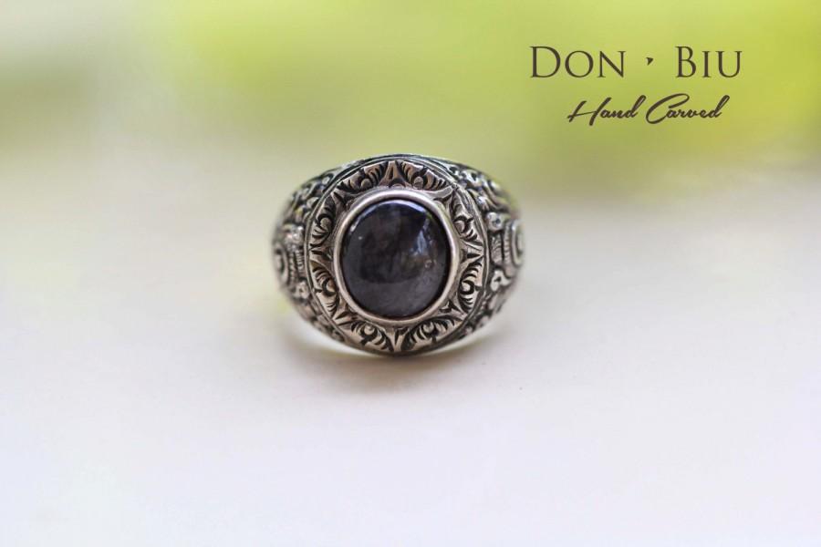 Hochzeit - Mens Hand Carved Sterling Silver Sapphire Ring, Stunning Unique Solid Sterling Ring, Natural Gemstone Ring, Solid 925 Sterling Silver Ring