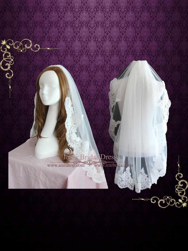 زفاف - Fingertip Length Alencon Lace Wedding veil with Soft Tulle VG1057