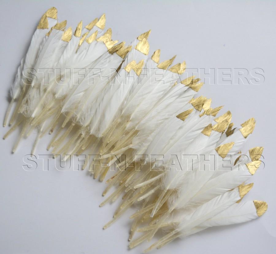 زفاف - Bulk / Wholesale GOLD dipped natural white feathers - metallic gold hand painted duck feathers / 3-4.5 in (7.5-11.5 cm) long / FB120-3G