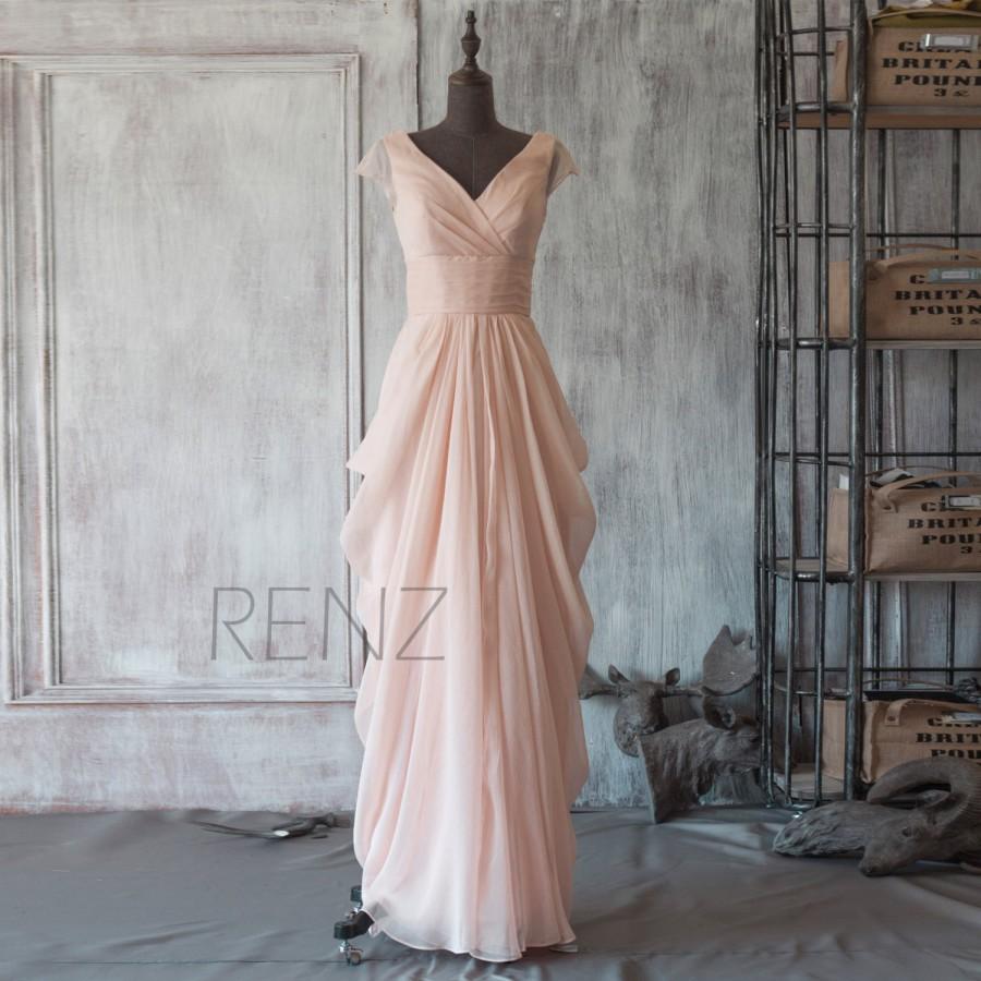زفاف - 2015 Peach Chiffon Bridesmaid dress, Cap Sleeve Maxi dress, Long Wedding dress, Draped Party dress, V neck Formal dress floor length (F106)