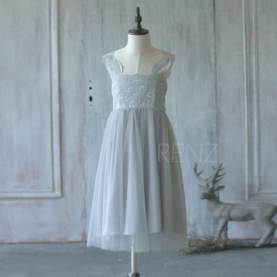 Wedding - 2015 Junior Bridesmaid dress, Mesh Grey Flower Girl dress Lace, Gray Maxi dress, Rosette dress, Formal dress (ZK017)