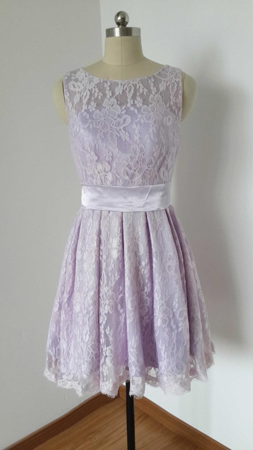 زفاف - 2015 Scoop Lilac Lace Short Bridesmaid Dress