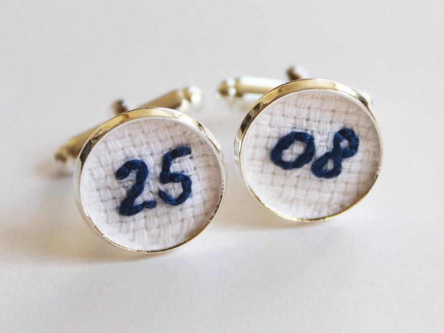 زفاف - Wedding Date Embroidery Cuff Links Cotton Anniversary Gift, Blue Navy Groom Personalized Cufflinks Groom Gift for Him Birthday Cufflinks