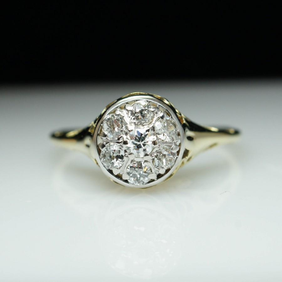 Свадьба - Antique Vintage Edwardian Diamond Engagement Ring 18k Yellow Gold Floral Diamond Shape Antique Engagement Ring