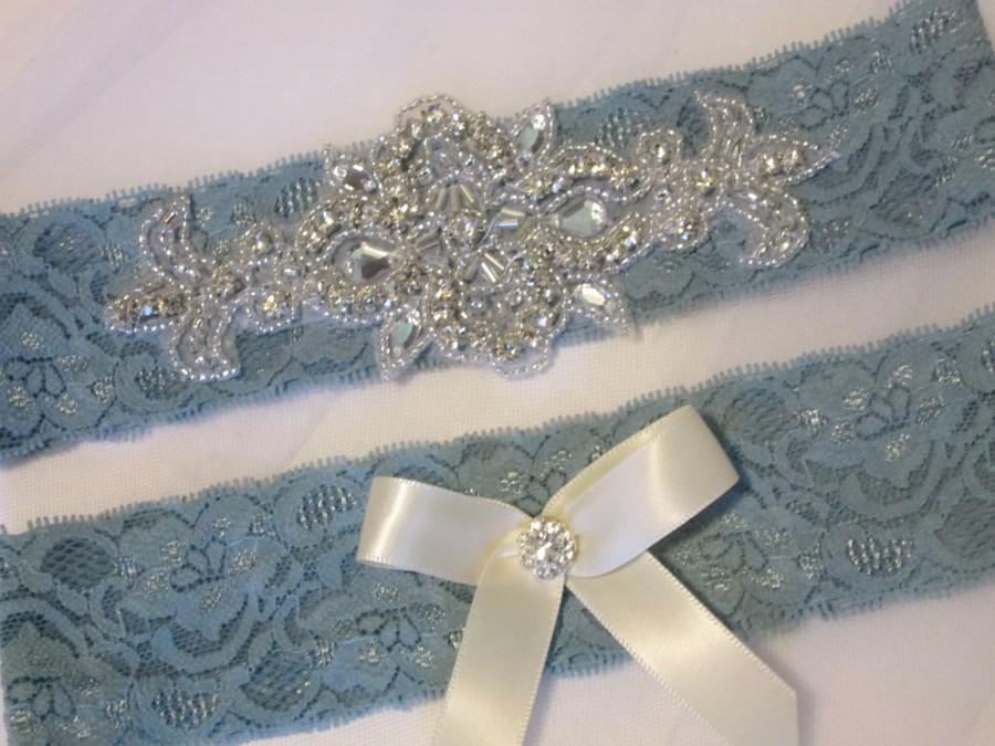 Hochzeit - Powder Blue Wedding Garter Set, Blue Lace Bridal Garter, Antique Blue Prom Garters w/ Bling, Rhinestones, Rustic / Vintage / Something Blue