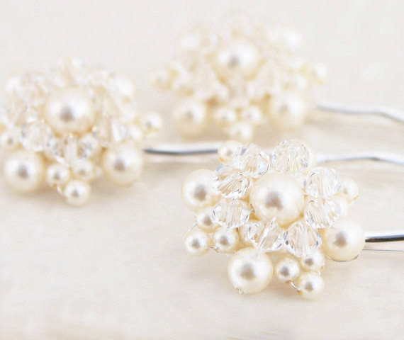 زفاف - Wedding Bridal Bridesmaid Pearl and Crystal Hair Pin Set of Three