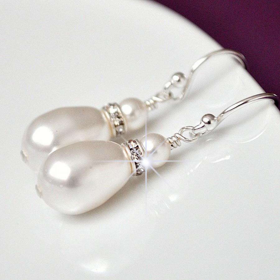Hochzeit - Swarovski Bridal Earrings, Drop Pearl Earrings. White Pearl Wedding Earrings. Teardrop Earrings