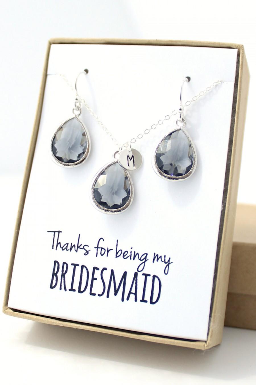 Wedding - Charcoal Gray / Silver Teardrop Necklace and Earring Set - Bridesmaid Gift - Charcoal Bridesmaid Set - Bridesmaid Jewelry Set - ENB1