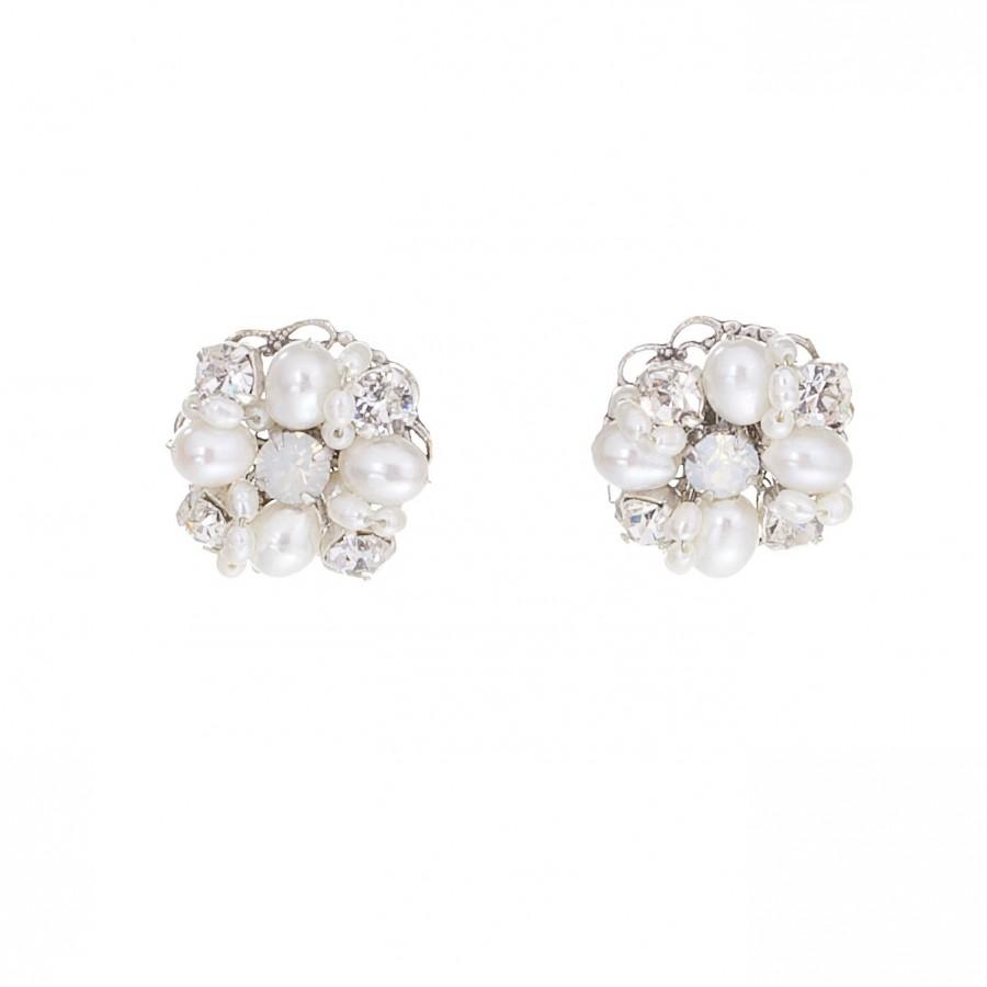 Hochzeit - Pearl  Stud Earrings, Bridal Crystal Pearl Earrings, Freshwater Pearl Earrings, White Opal Swarovski Crystal Earrings , Bridal Jewelry