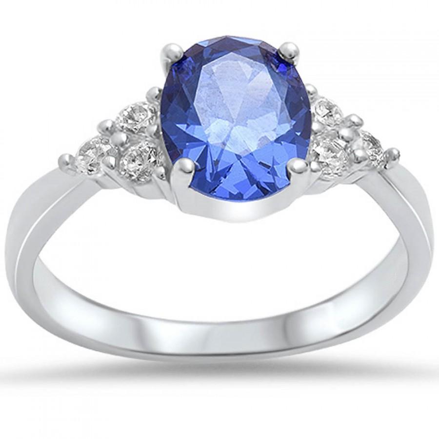 Свадьба - Solitaire Three Stone Accent Classic Wedding Engagement Ring 1.86CT Oval Cut Tanzanite CZ Round Clear CZ Solid 925 Sterling Silver