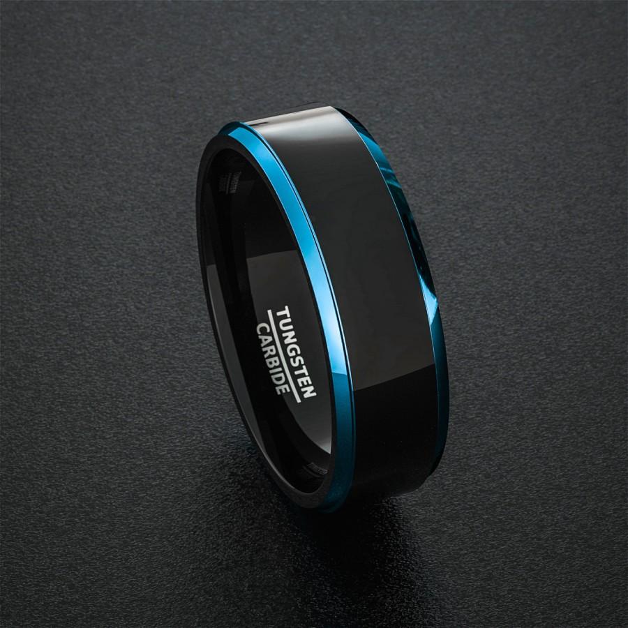 Свадьба - Tungsten Wedding Band Mens Ring Two Tone Blue Step Edges Comfort Fit Tungsten Carbide Ring