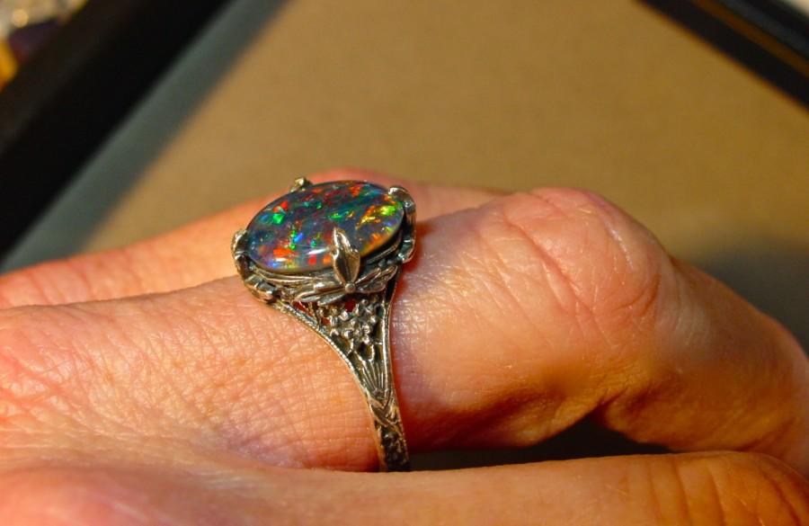 زفاف - Antique style Opal Engagement Ring.Spectacular Genuine Australian Natural Opal ring.Large 12x10mm Real Opal Triplet.Filigree,14K or Sterling