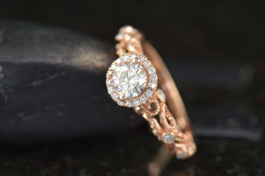 زفاف - Ashlyn - Moissanite Engagement Ring in Rose Gold, Round Brilliant Cut, Diamond Halo, Filigree with Bezel Set Side Stones, Free Shipping