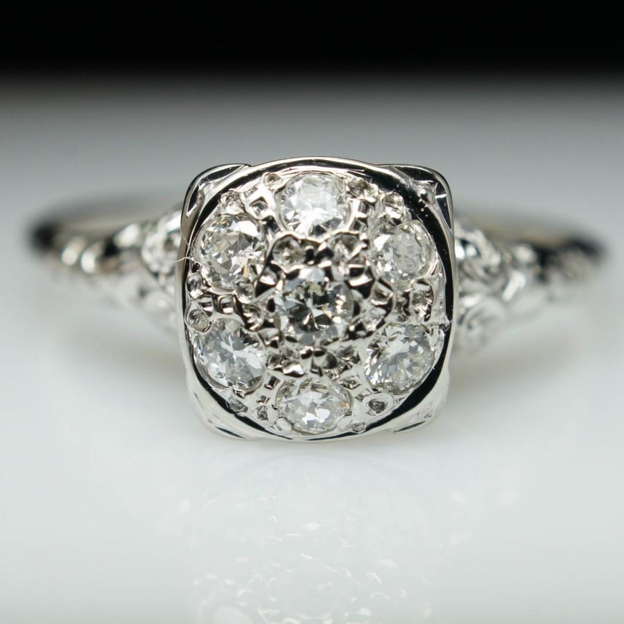 Свадьба - Vintage Antique Art Deco .34ct Diamond Cluster Engagement Ring Ring 18k White Gold - Size 7