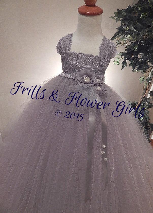 Mariage - Grey Lace Flower Girl Dress Silver Lace Flower Girl Dress Grey Lace Tutu Dress Flower Girl Dress Sizes 2, 3, 4, 5, 6 up to Girls Size 8