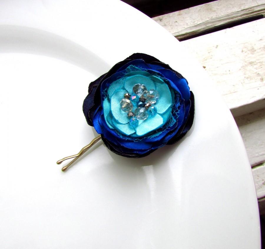 Wedding - Ombré Blue Hair Piece, Turquoise Navy Light Blue Fascinator, Royal Blue Wedding Hair Pin, Blue Flower Hairpin, Cobalt Blue Hair Pin