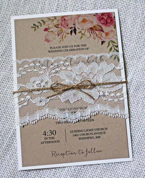 Wedding - Boho Wedding Invitation, Floral Wedding Invitation, Rustic Lace Wedding Invites, Shabby chic Wedding Invitation, Kraft Wedding Invitation