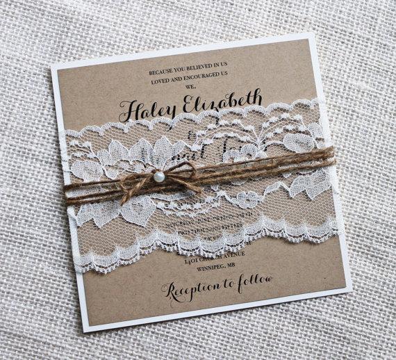 Wedding - Rustic Wedding Invitations, Lace Wedding Invitation, Kraft, Elegant Wedding Invitation, Shabby Chic, Kraft Invitation, DIY Invitation