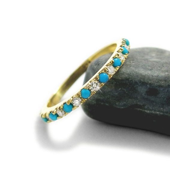 زفاف - Turquoise Engagement Ring, Diamond and Turquoise Wedding Band, Turquoise Eternity Ring, Diamond Ring, December Birthstone Ring.
