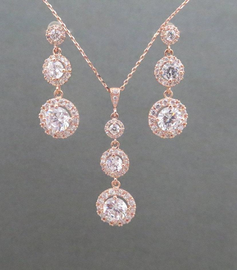 Mariage - Rose Gold Bridal jewelry, Rose Gold Necklace, Rose Gold earrings, Wedding jewelry, Crystal necklace, Necklace set, Bridesmaid jewelry
