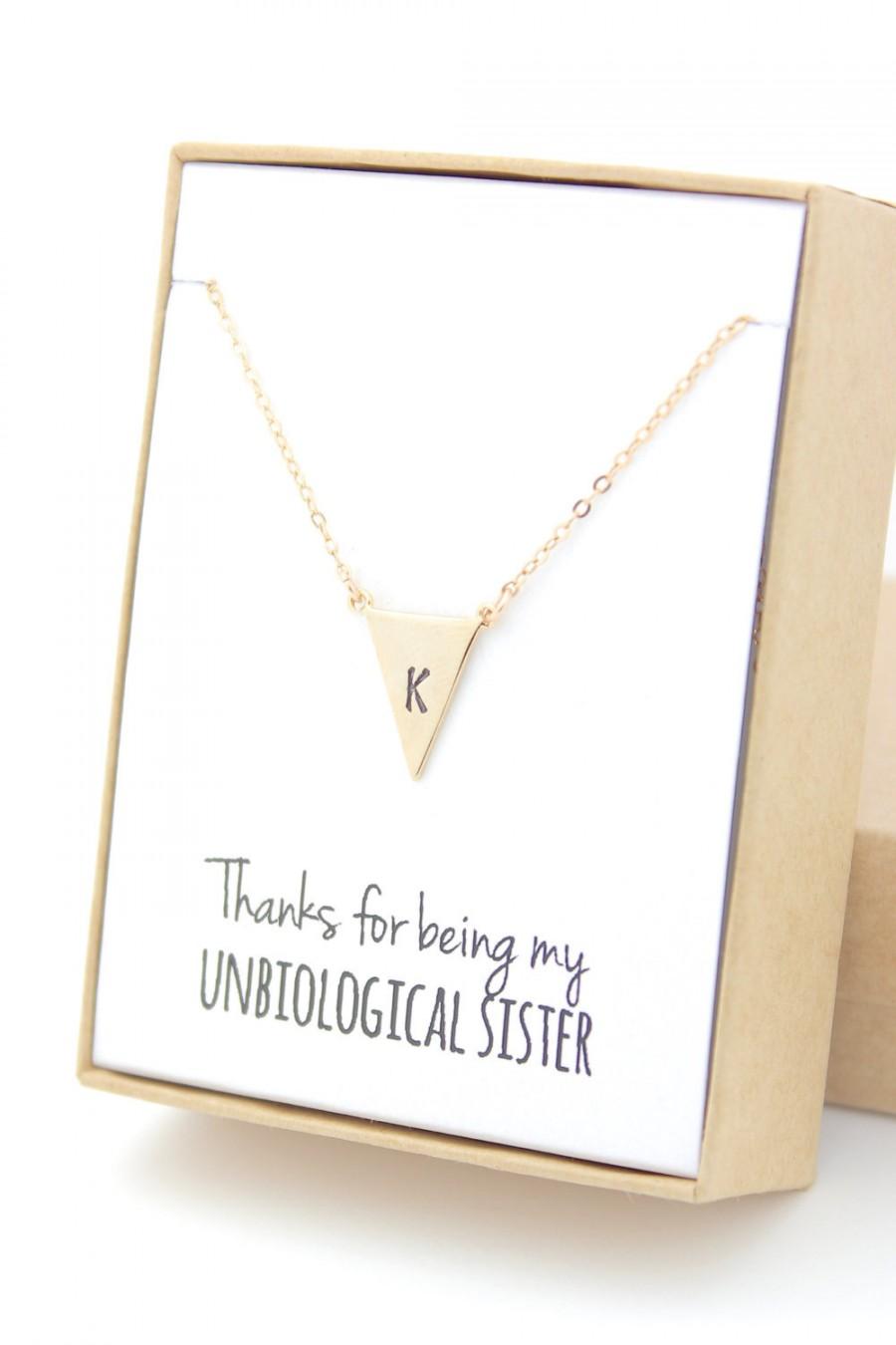 Hochzeit - Gold Triangle Letter Necklace - Bridesmaid Gift Jewelry - Unbiological Sister - Personalized Necklace - Initial Letter - Larger Triangle