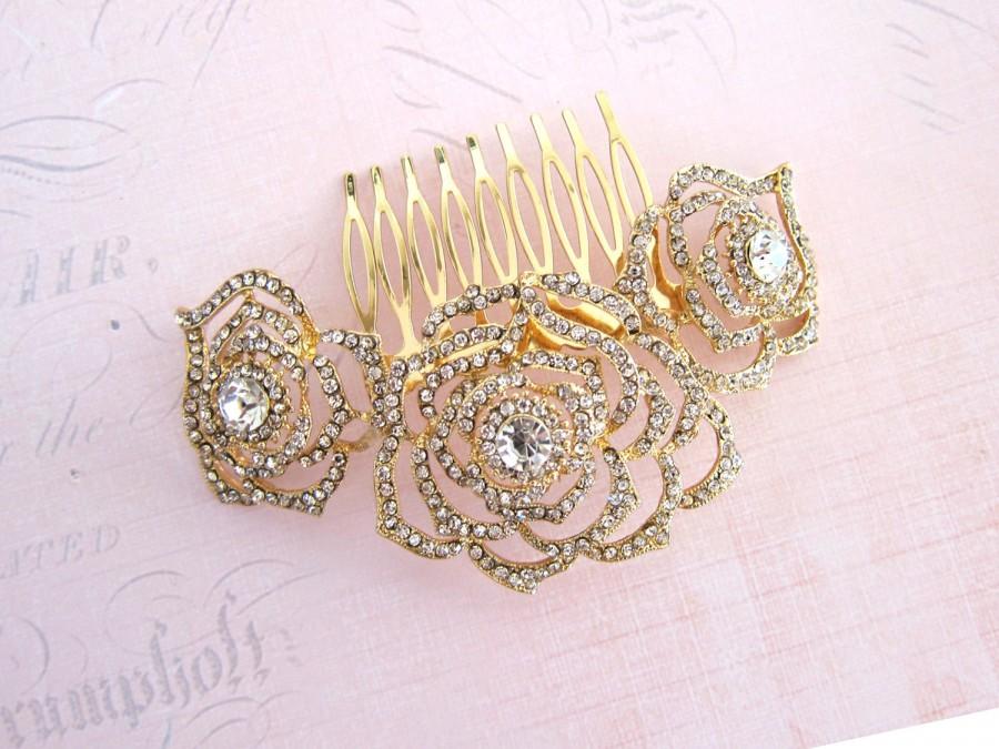 زفاف - Gold Wedding Haircomb, Rose Hair Comb, Gold Bridal Hair Accessory, Flower Wedding Hair comb, Vintage Style Bridal Haircomb - 'AUGUST'
