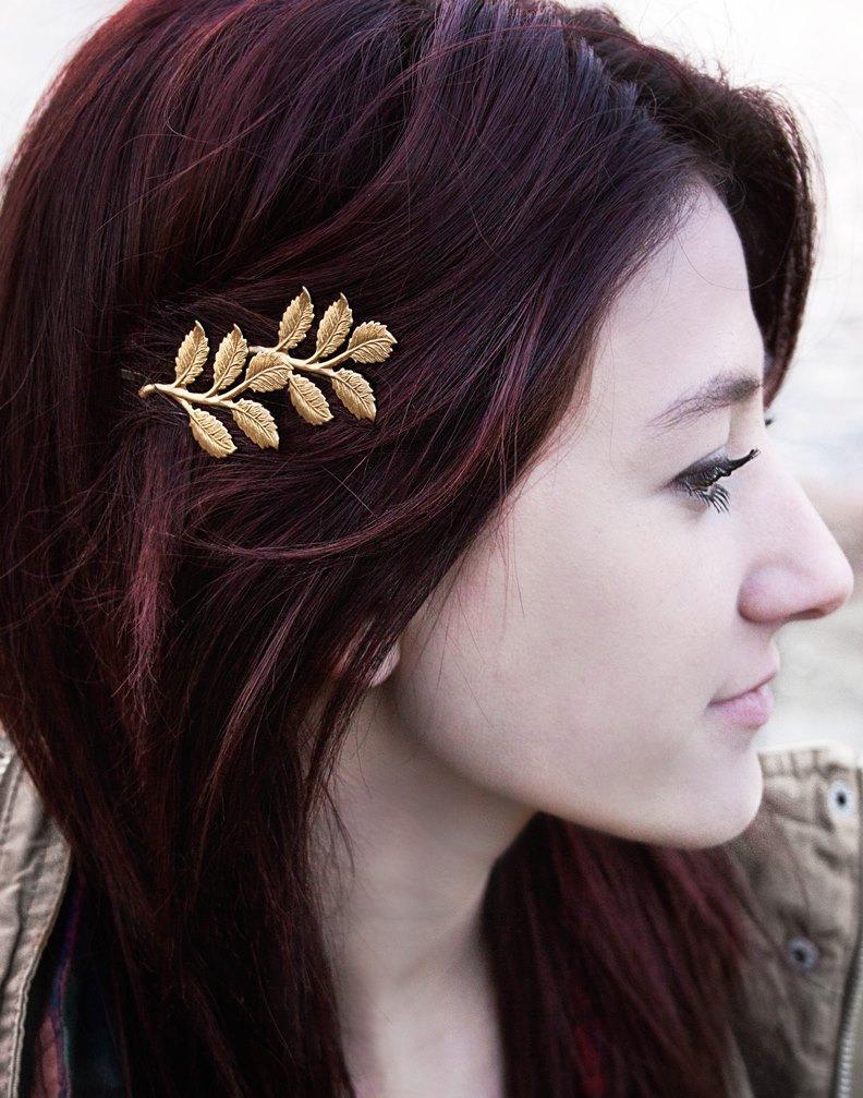 Hochzeit - Branch Bobby Pin Gold Leaf Hair Pin Nature Hair Accessories Woodland Wedding Raw Brass Leaves Bridal Hair Bridesmaids Gift For Her Women