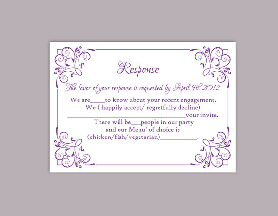 Hochzeit - DIY Wedding RSVP Template Editable Text Word File Download Printable RSVP Cards Lavender Rsvp Card Template Purple Rsvp Card
