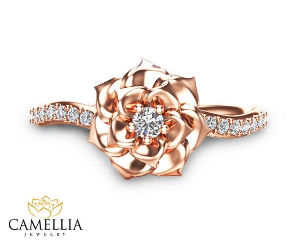 Hochzeit - Camellia Flower Ring 14K Rose Gold Diamond Ring Rose Gold Engagement ring Diamond Ring