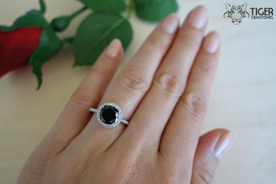 زفاف - 2.25 Carat Round, Halo Gatsby Engagement Ring, Black & White Man Made Diamond Simulants, Wedding Ring, Promise Ring, Bridal, Sterling Silver
