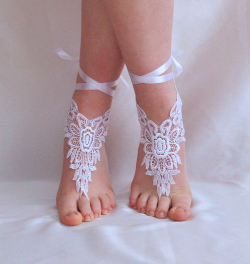 زفاف - NEW! Bridal white barefoot sandals french lace , wedding anklet, anklet, bridal, wedding white glove
