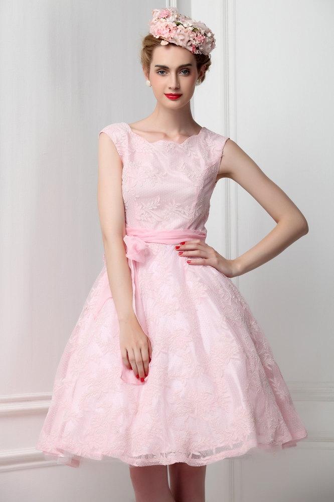 زفاف - French Lace Sleeveless Pink Bridesmaid Dress Ribbon Bow Pastel Pink Lace Bridal Reception Dress V Back Pink Simple Wedding Alternative Dress
