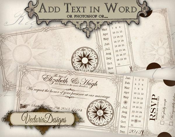 Mariage - Printable Steampunk Wedding Ticket Invitation 8.75 x 3 inch editable compass images instant download digital collage sheet VD0423